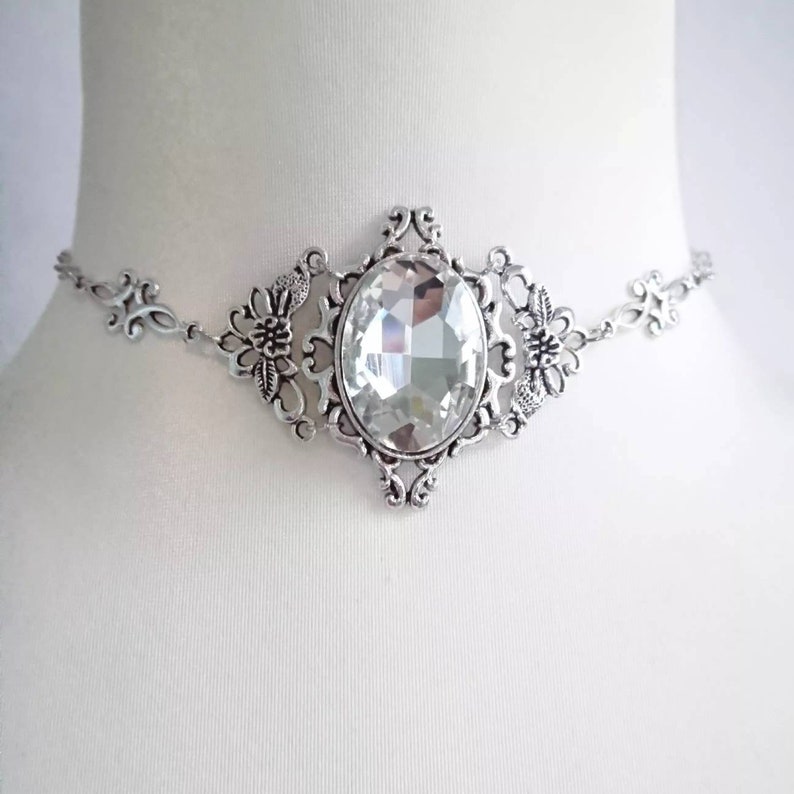 Adreena Faceted Crystal Glass Cabochon shops White Clear Choker Short Necklace Goth Gothic Necklace Vampire Princess