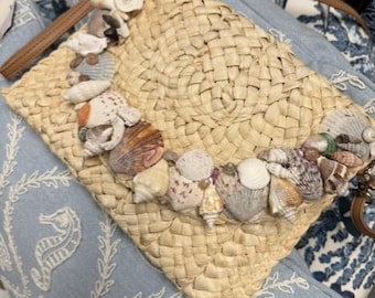 Seashells Encrusted Wicker Raffia clutch handbag shoulder bag wristlet New