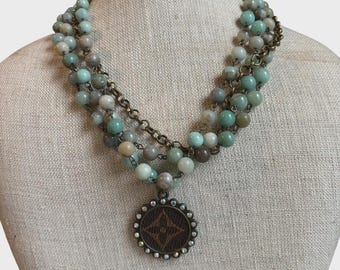 Upcycled Recycled Designer Pendant Amazonite New Beaded 18" LV Louis