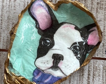 Oyster shell trinket dish,jewelry dish, home decor, smidge plate, hand made French Bull or Boston Terrier dog decoupaged on Oyster Shell.