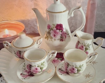 Rose Miniature Tea Set Porcelain Vintage Antique Spring Decor Shabby Chic Cottage Core