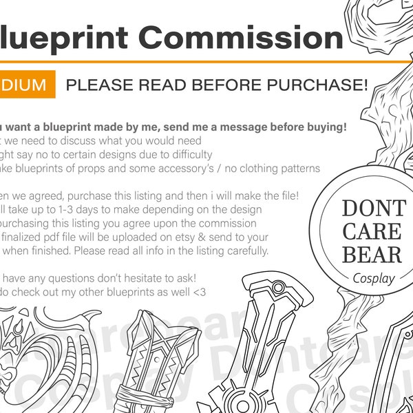 Blueprint Commission Slot - MEDIUM | Props, Cosplay, Digitalizing, Template, Digital PDF, Accessory, Sword, Axe, Dagger, Bow, Spear, Custom