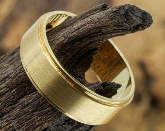 Minimal 14K Yellow Gold Stepped Edge Wedding Ring: &quot;The Decorah&quot;. 100% Certified Recycled. 6mm Width. Flat Profile. Eco-Friendly