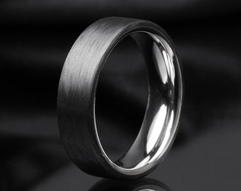 Minimal Carbon Fiber & Titanium Wedding Ring: "The Kristoff". 6mm Eco-Friendly. Engraving Optional. Black and Silver. Classic.