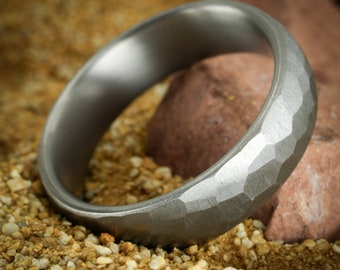 Minimal Hand-Ground Titanium Ring (Faceted): &quot;The Charles&quot; 6mm. Optional Engraving. Eco-Friendly. Durable, Simple, Custom.