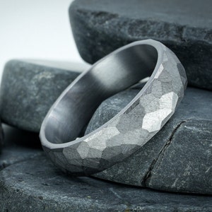 Minimalist Tantalum Men's Ring: Custom-Built "Charles" Tantalum. Hand-Cut Facets. Comfort Fit Interior. Dark, Durable, Hammered Look.