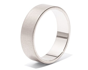 Minimal 14k White Gold: Custom &quot;Kaler&quot; Etched 14k. 6mm Ring. Flat Profile with Comfort Fit. Brushed or Polished Finish. Eco-Friendly.