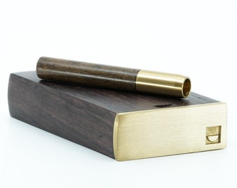 Minimalist Dugout "M1" by Ukiyohi with Self-Locking Metal Cap and matching Wood & Brass Pipe. Optional engraving on dugout or one-hitter