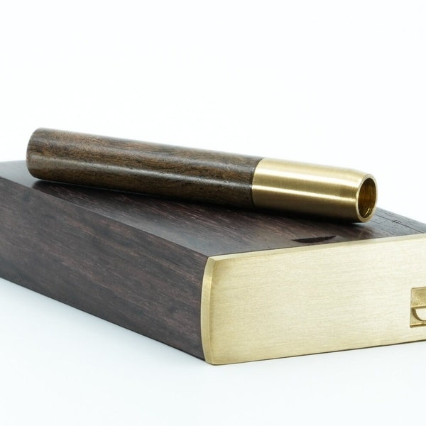 Minimalist Dugout "M1" by Ukiyohi with Self-Locking Metal Cap and matching Wood & Brass Pipe. Optional engraving on dugout or one-hitter