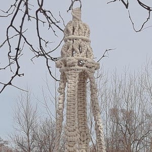 May include: Cream-colored macrame plant hanger suspended from a tree branch. The handmade piece features a crown-like top and long, braided strands. The background includes bare tree branches and a muted sky, suggesting an outdoor setting.
