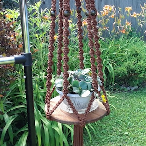 May include: A brown macrame plant hanger featuring a circular wooden shelf, dark beads, and a long tassel. The hanger supports a white ceramic pot containing a green succulent plant, suspended by knotted cord strands in a spiral pattern.