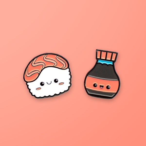 Sushi & Soy Sauce Enamel Pin Set of 2 - Soft Enamel Pins - Lapel Pins - Food Pins - Foodie Pins - Kawaii Pins