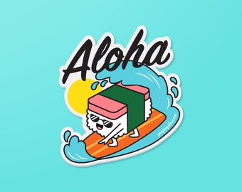 Musubi Surfing Aloha - Vinyl Sticker - Cute Sticker - Waterproof Sticker - Food Sticker - Foodie Sticker