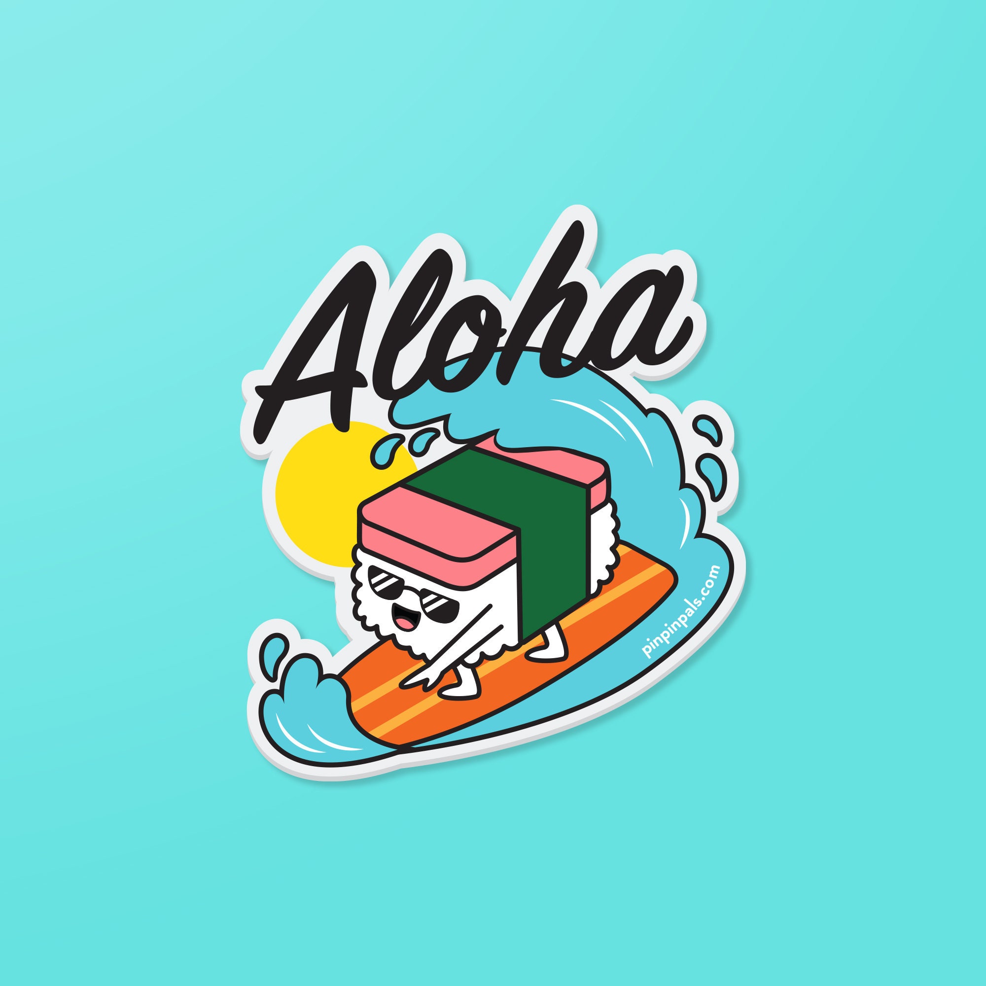 Musubi Surfing Aloha - Vinyl Sticker - Cute Sticker - Waterproof Sticker - Food Sticker - Foodie Sticker