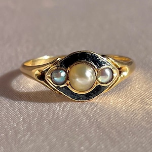 Antike 18k Perle Emaille Trauerring 1864