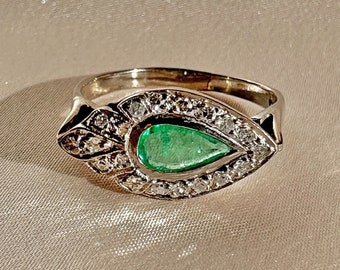 Vintage Palladium Emerald Diamond Pear East West Ring