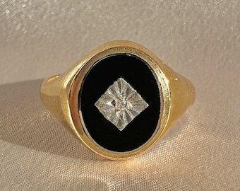 Chevalière ovale en diamants et onyx vintage 1967