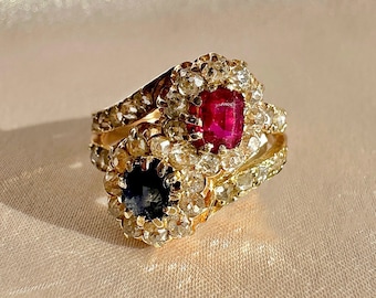 Antique Ruby Sapphire Diamond Moi et Toi Ring