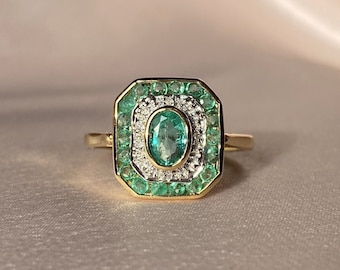 Emerald Diamond Deco Target Ring