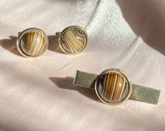 Fathers Day Vintage Mens Marbled Cuff Links + Tie Clip Set