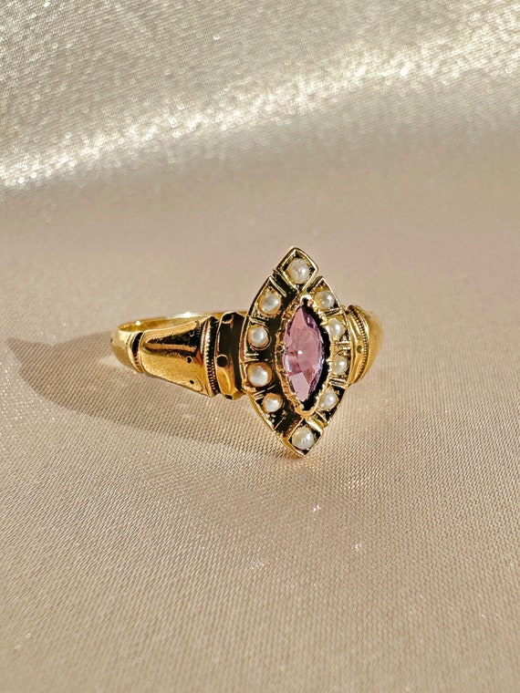 Antique Amethyst Pearl Navette Ring - image 2