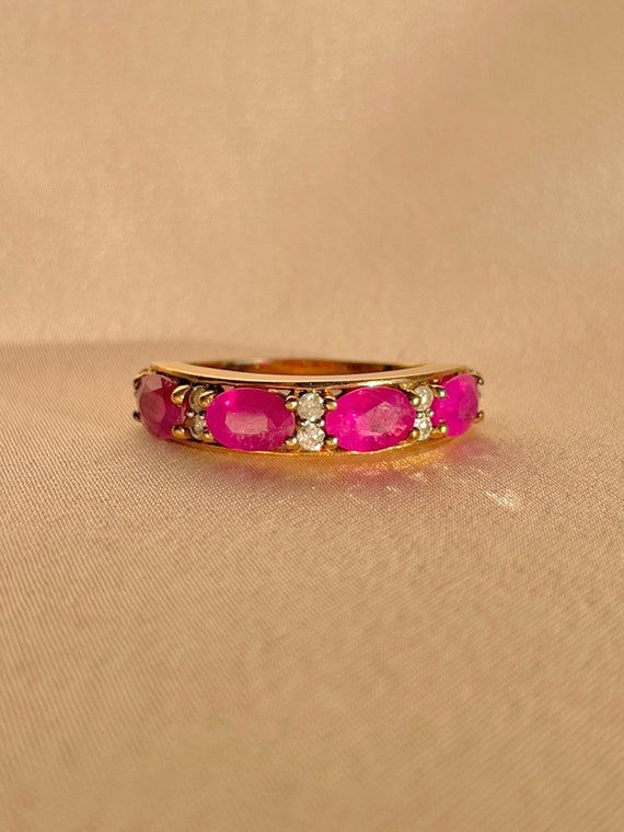 Vintage 9k Ruby Diamond Oval Half Eternity Ring - image 1