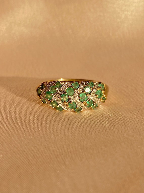 Vintage 9k Chevron Emerald Diamond Bombe Ring