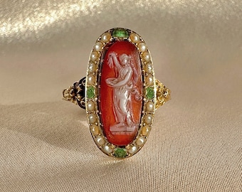 Antique Carnelian Emerald Pearl Cameo Ring