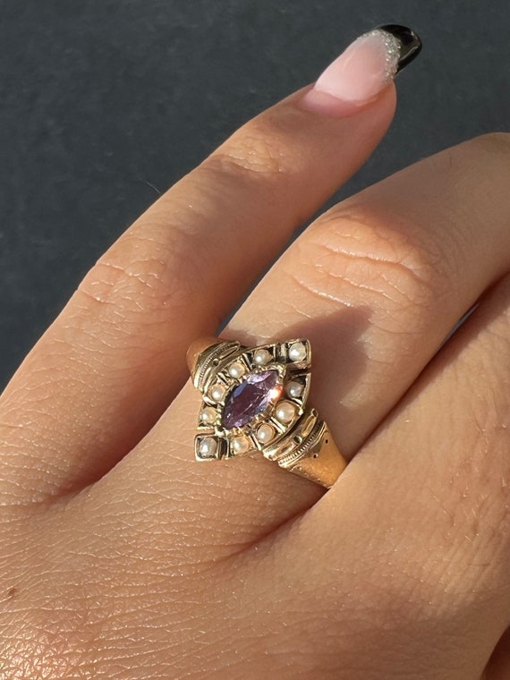 Antique Amethyst Pearl Navette Ring - image 3