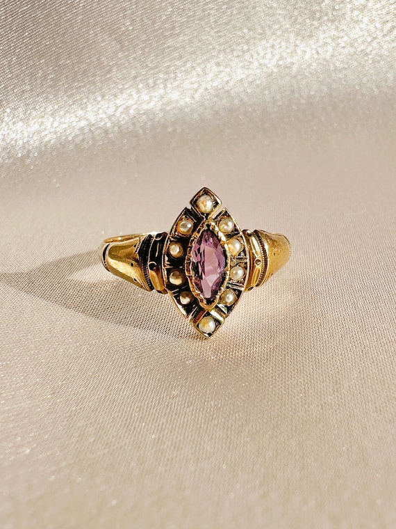 Antique Amethyst Pearl Navette Ring - image 1
