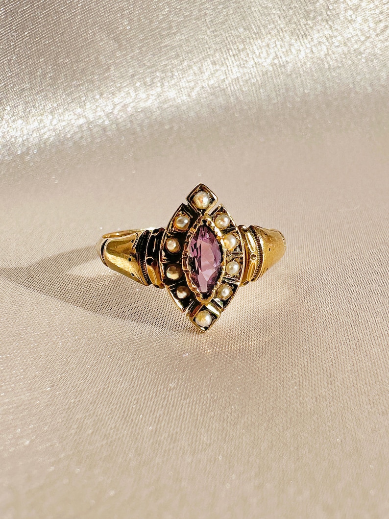 Antique Amethyst Pearl Navette Ring image 1