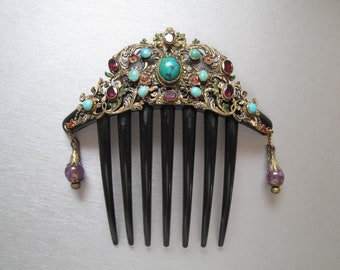 Antique Austro-Hungarian Comb -  Victorian Enamel Comb - Garnet, Amethyst and Enamel Decoration