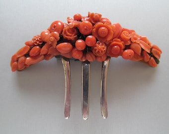 Antique Italian Coral Comb -  Victorian Coral Comb  - Hair Pin
