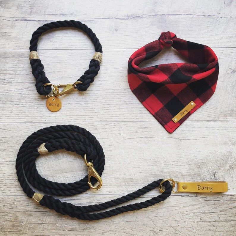 Fixed Length Dog Necklace Spun Polyester Rope with Italian Bronze Snap Mariner Series Black Rope Dog Collar