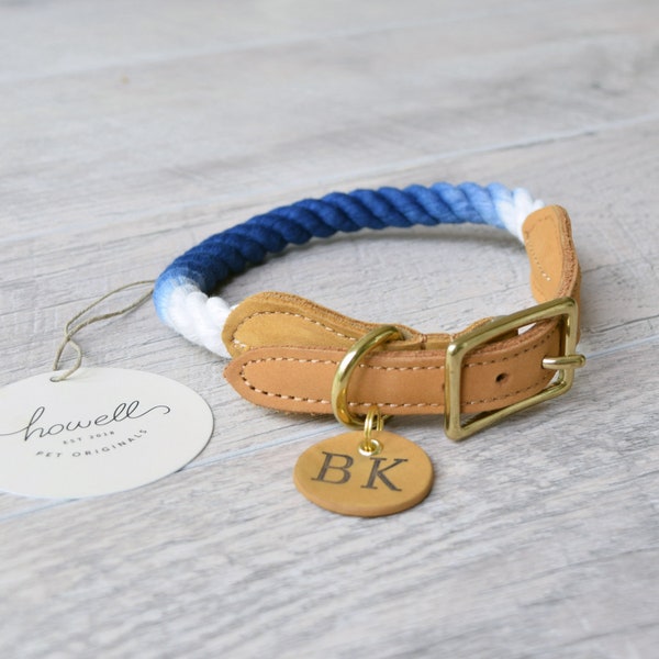 Blue Ombre Rope Dog Collar - Adjustable Rope & Leather Dog Collar with Optional Leather ID Tag - Fashion Collar for Dogs and Cats