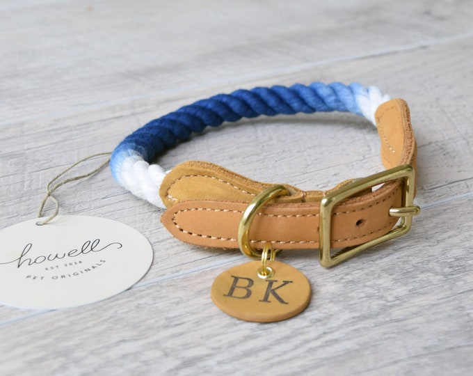 Blue Ombre Rope Dog Collar Adjustable Rope & Leather Dog Etsy
