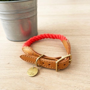 Coral Rope Dog Collar - Adjustable Rope Dog Collar with Optional Leather ID Tag - Fashion Collar for Dogs and Cats