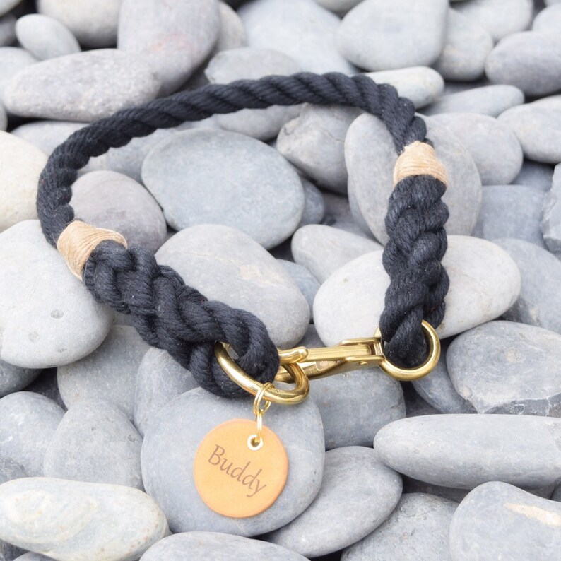 Fixed Length Dog Necklace Spun Polyester Rope with Italian Bronze Snap Mariner Series Black Rope Dog Collar