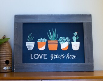 Barnwood Framed Chalkboard Love Grows Here Succulents