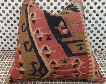 Turkish Rug Throw Pillow, 20 in x 20 in, Unique Boho Persian Cushion Cover Handmade from Original Organic Wool Kilim for Tribal Ethnic Decor