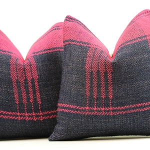 Vintage Kilim Pillow Cover Pair: Black & Pink Rustic Wool (16 in)