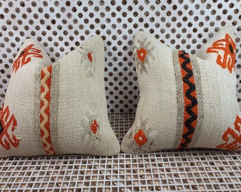 Set of Two Turkish Persian Rug Pillow Covers 20x20 in Vintage Boho Rustic Natural Wool Cushion Cover, Tribal Design Kilim Rug Throw Pillows