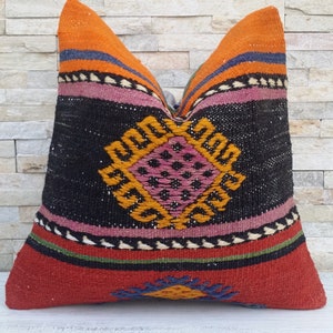 Kilim Pillow Cover 16 x 16 in Brown Orange Turkish Rug Boho Throw Pillow, Vintage Persian Rug Embroidered Cushion Cover Sofa Chair or Couch
