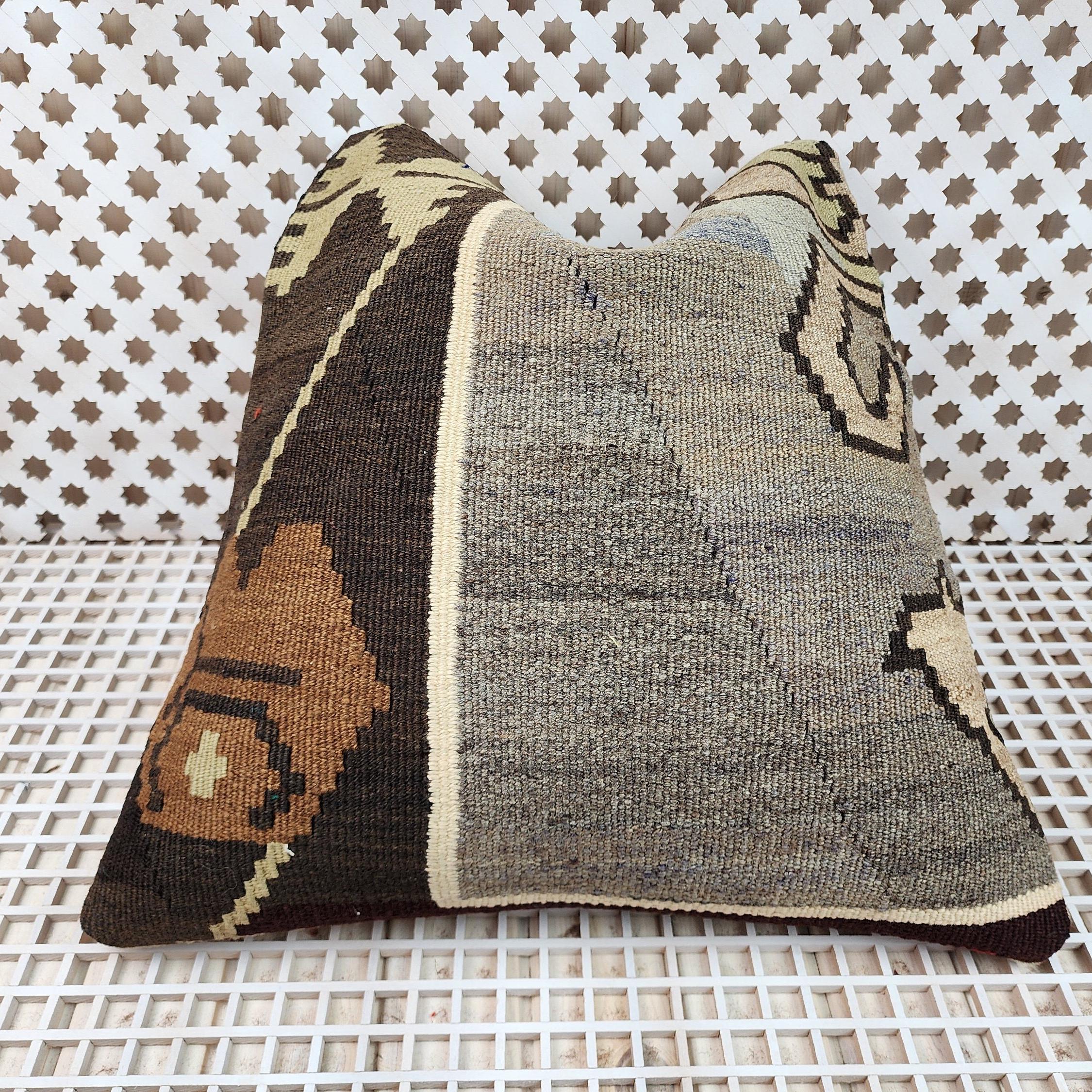 Turkish Rug Throw Pillow, 20 in x 20 in, Unique Boho Persian Cushion Cover Handmade from Original Organic Wool Kilim for Tribal Ethnic Decor