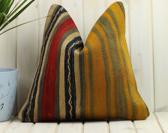 16 x 16 in Kilim Pillow Cover, Vintage Bohemian Lumbar Pillow, Persian Rug Pillow, Natural Wool Handmade Rustic Decor Decorative Pillow Case