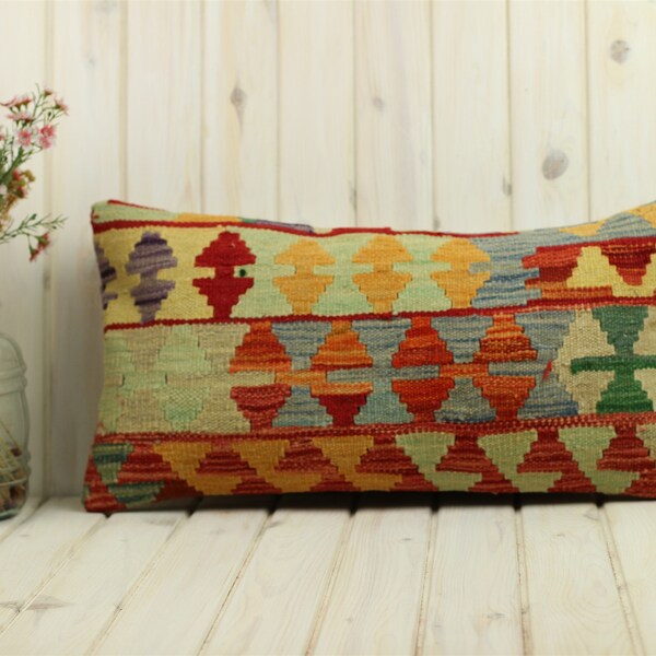 Handmade Lumbar Pillow for the Living Room, Bohemian Decor Rustic Throw Pillow, Vintage Kilim Rug Colorful Rug Couch Cushion Cover 24*12in