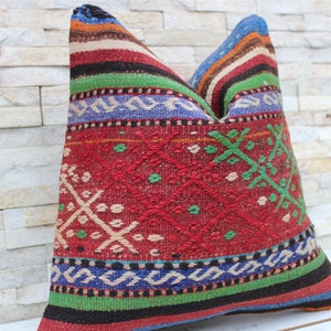 Vintage Kilim Pillow Cover: 16x16 Orange Green Turkish Rug, Boho Cushion
