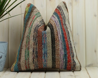 Oriental Kilim Rug Pillow Cover 16 in Square Blue Grey Striped Cushion Cover, Handmade Natural Wool Boho Rustic Throw Pillow Scatter Cushion