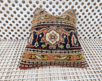 Antique Persian Cushion Cover, Hand-Knotted Wool Pillow, Genuine Antique Persian Pillow, Vintage Oriental Rug Cushion, 16x16 inch