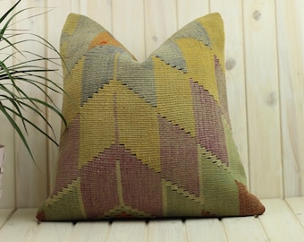 Turkish Rug Throw Pillow, 20 in x 20 in, Unique Boho Persian Cushion Cover Handmade from Original Organic Wool Kilim for Tribal Ethnic Decor